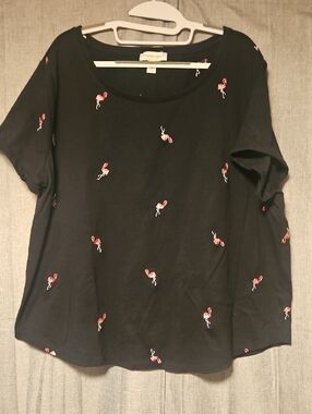 Vintage America Black Tee with Pink Flamingo Embroidery